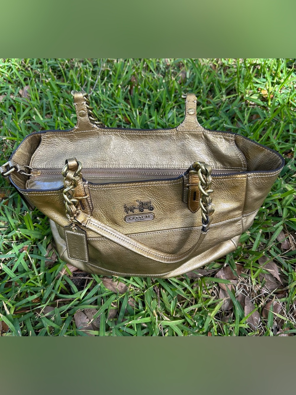 Coach Metallic Gold Shoulder Tote with Chain-Strap
